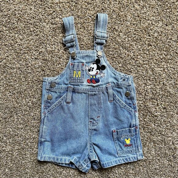 Vintage Disney 90’s Baby & Co. Mickey Mouse Denim Overalls Coveralls 6-9 Months - Picture 1 of 6